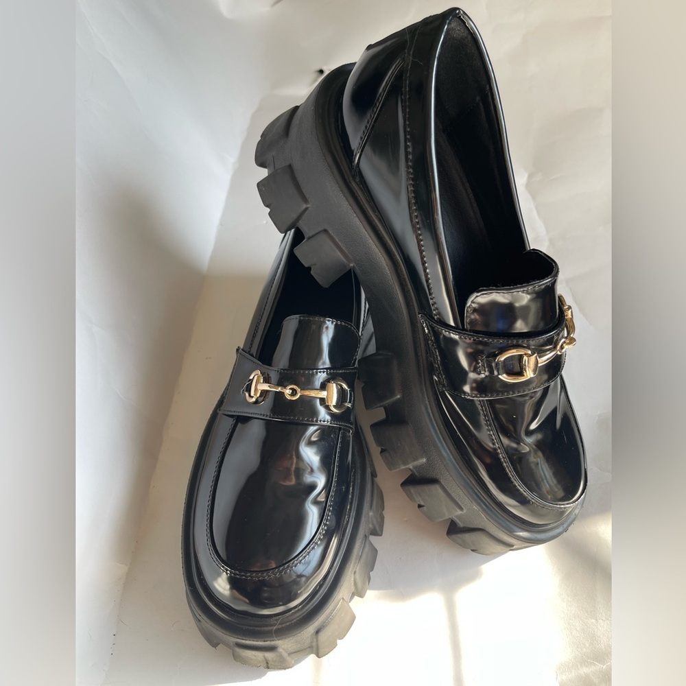 Princess Polly Penny Lane black platform loafers gold horsebit patent leather